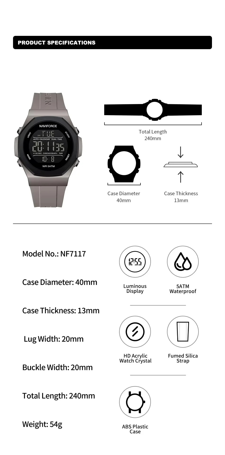Naviforce NF7117 Gray B.GY/B.GY Men Silicon Digital Display 50M Water Resistant Watch 2 Naviforce NF7117 Gray B.GY/B.GY Men Silicon Digital Display 50M Water Resistant Watch - Image 2