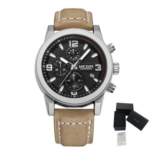 Megir ML2026G Brown Silver Men Waterproof Genuine Leather Strap Watch