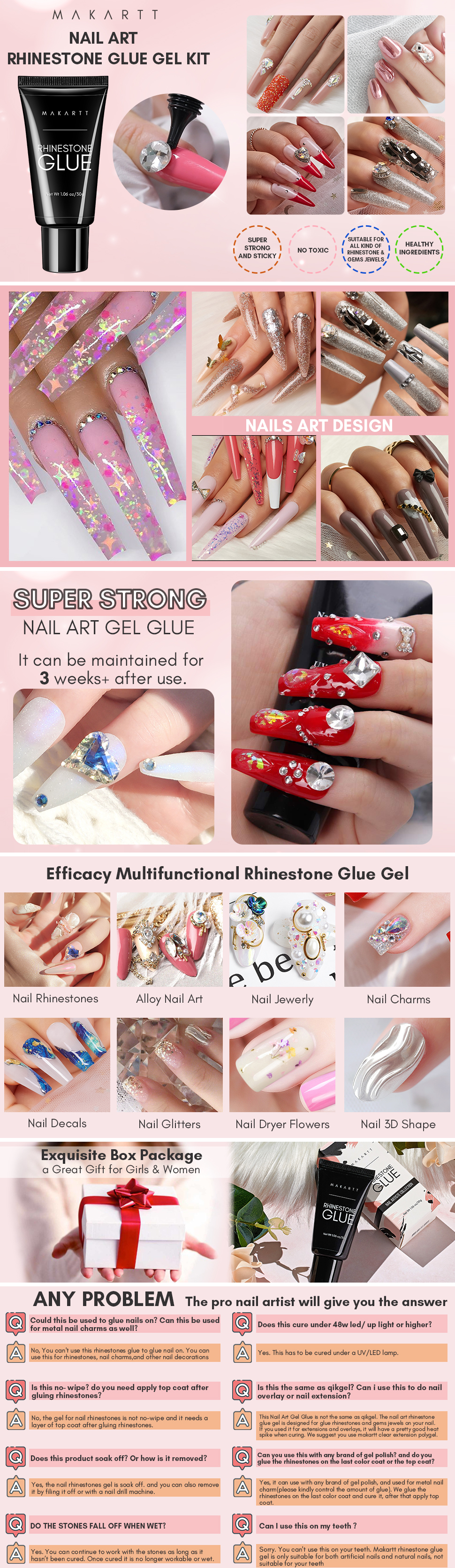 Nail Rhinestone Glue Gel with Brush Pen Set, 38ml Clear Super