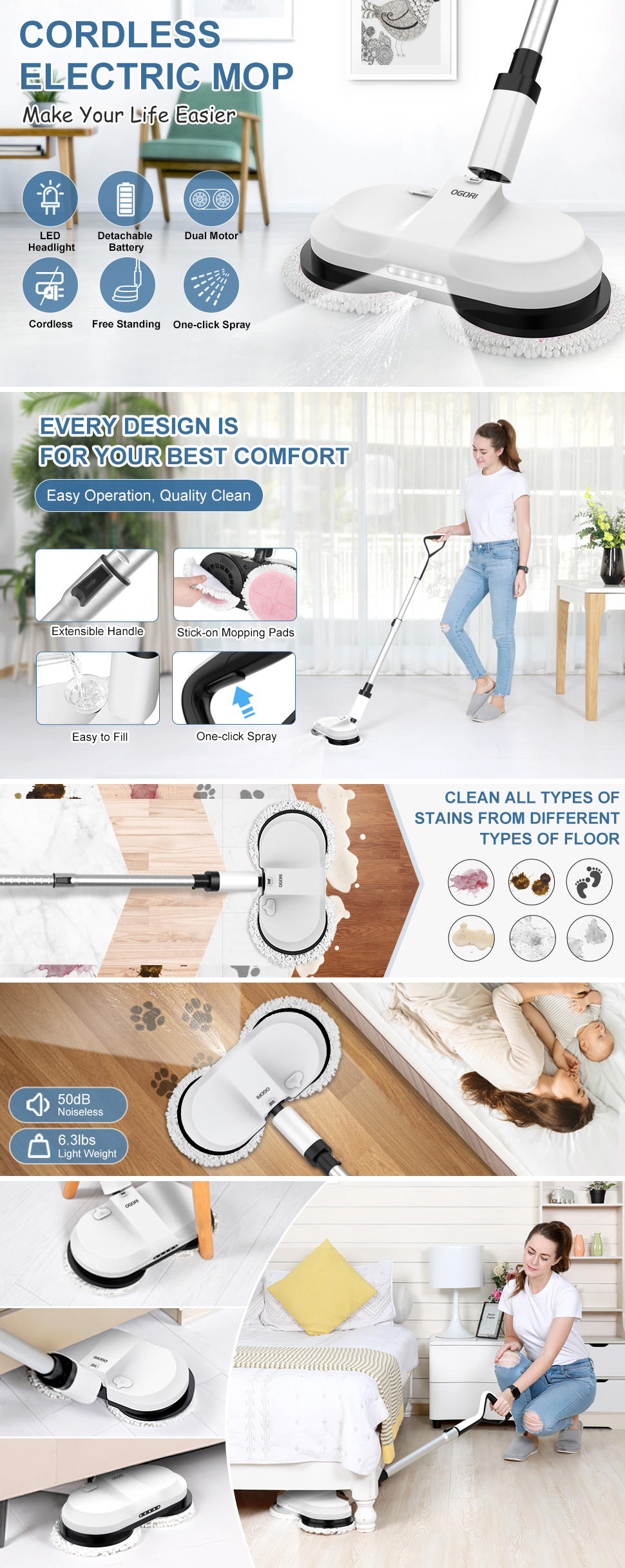 iDOO Cordless Electric Mop, Dual-Motor Electric Spin Mop with Detachable  Water Tank & LED Headlight, Electric Floor Mop for Tile, Hardwood,  Laminate