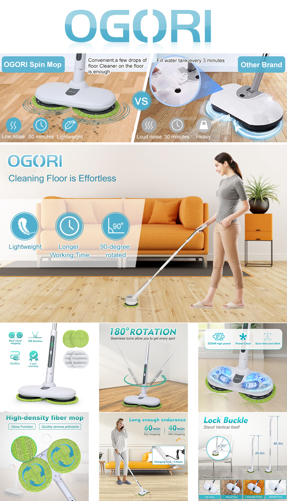 OGORI Cordless Electric Spin Mops for Hardwood , Tile, Vinyl & Laminate Floors, Rechargeable Dual Spinning Scrubber Cleaner , 4 Reusable Microfiber