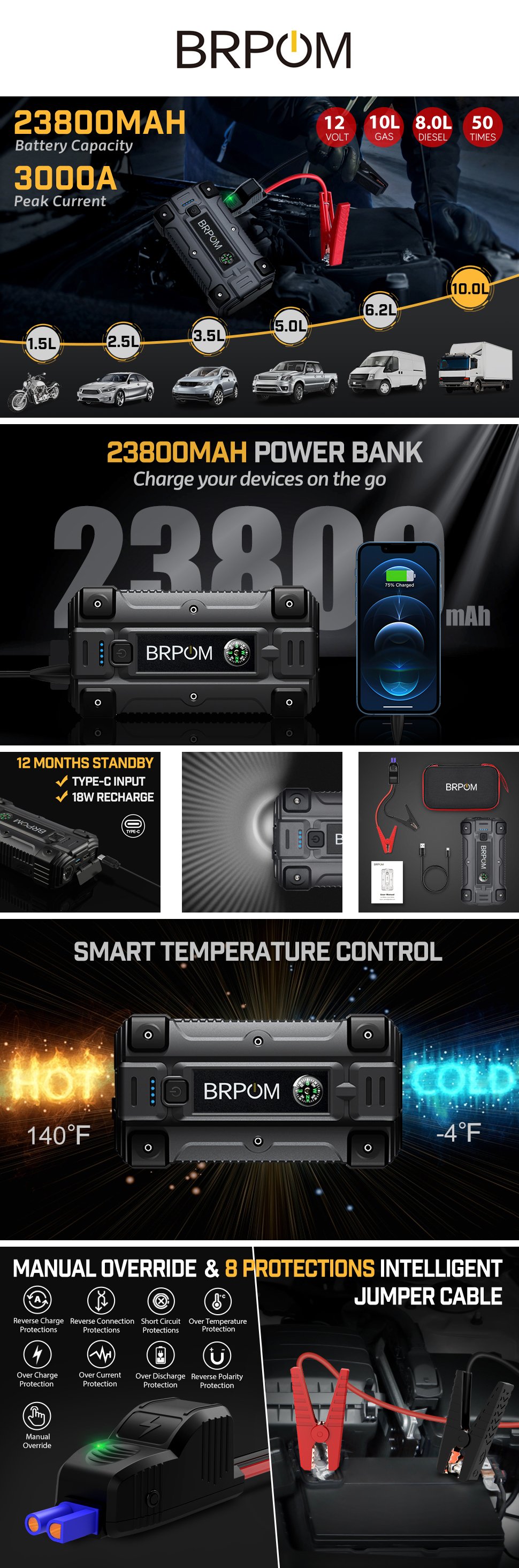BRPOM Booster Batterie 3000A 23800mAh Jump Starter Portable (Jusqu