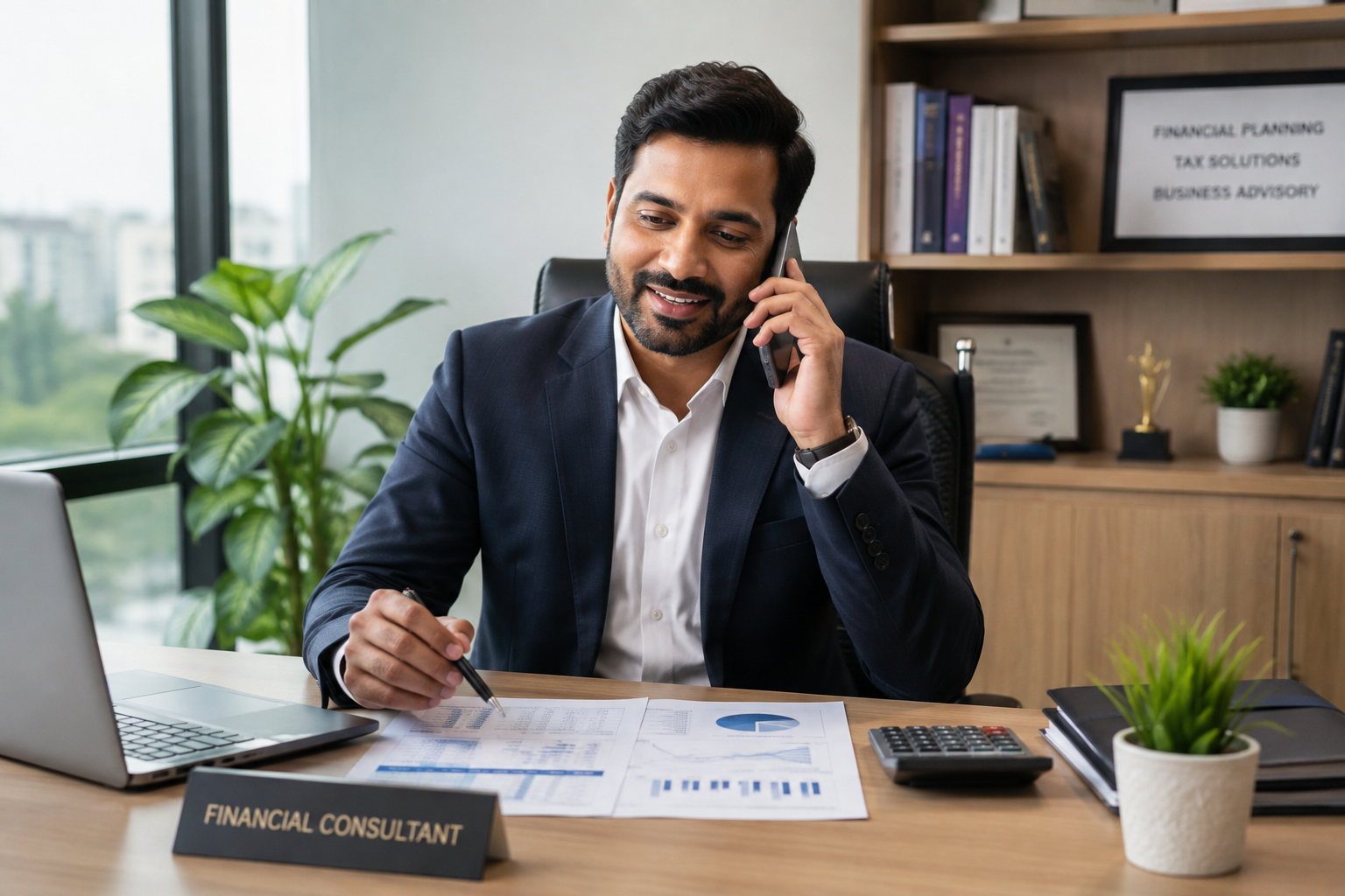 Senior CA on phone call reviewing client ledger