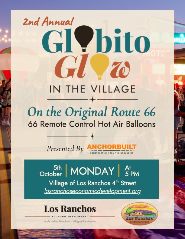 Globito Glow in the Village 2026 event flyer — 2nd annual, Monday October 5 at 5 PM on Village of Los Ranchos 4th Street, presented by AnchorBuilt