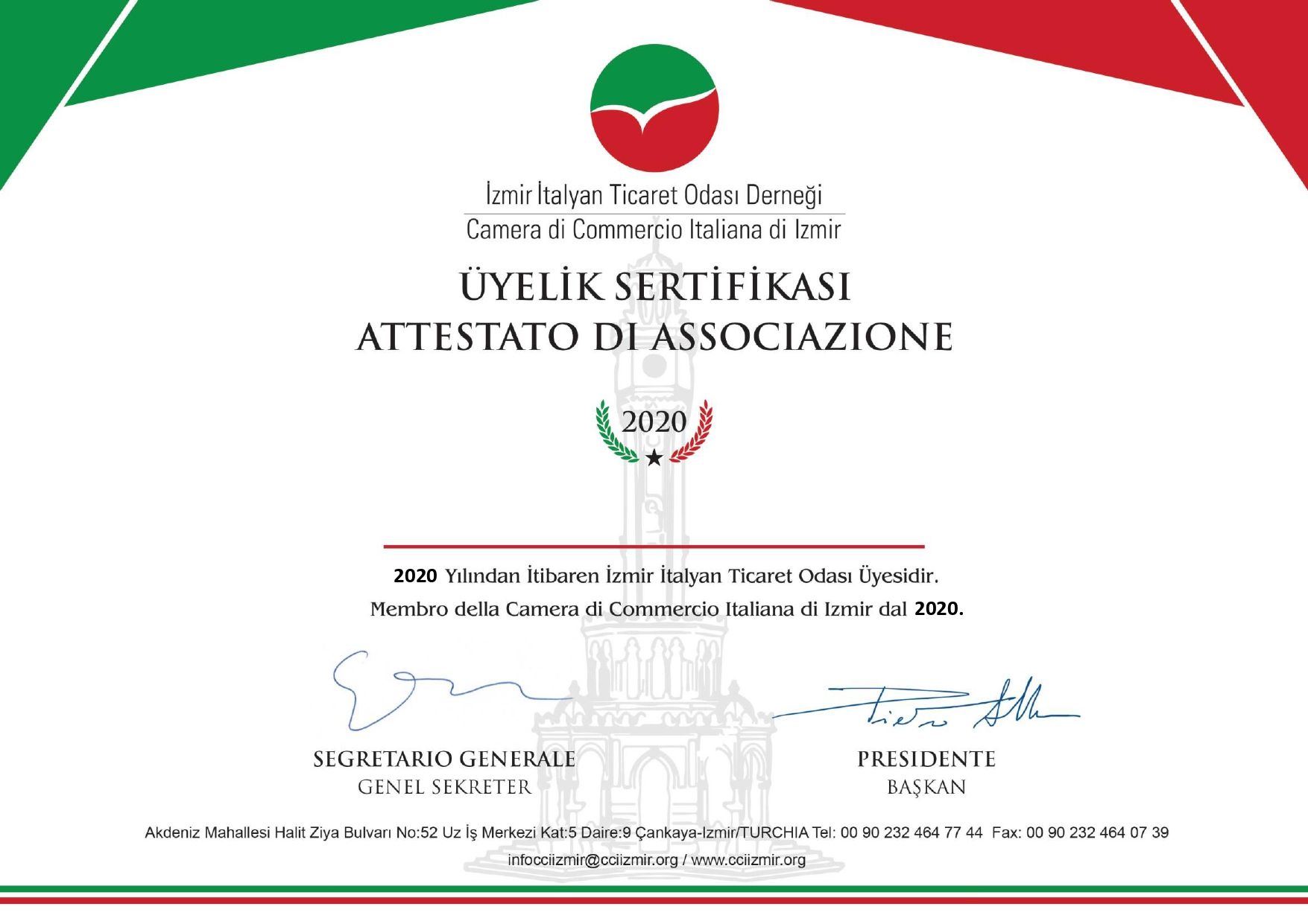 Izmir Italian Chamber of Commerce Membership Certificate