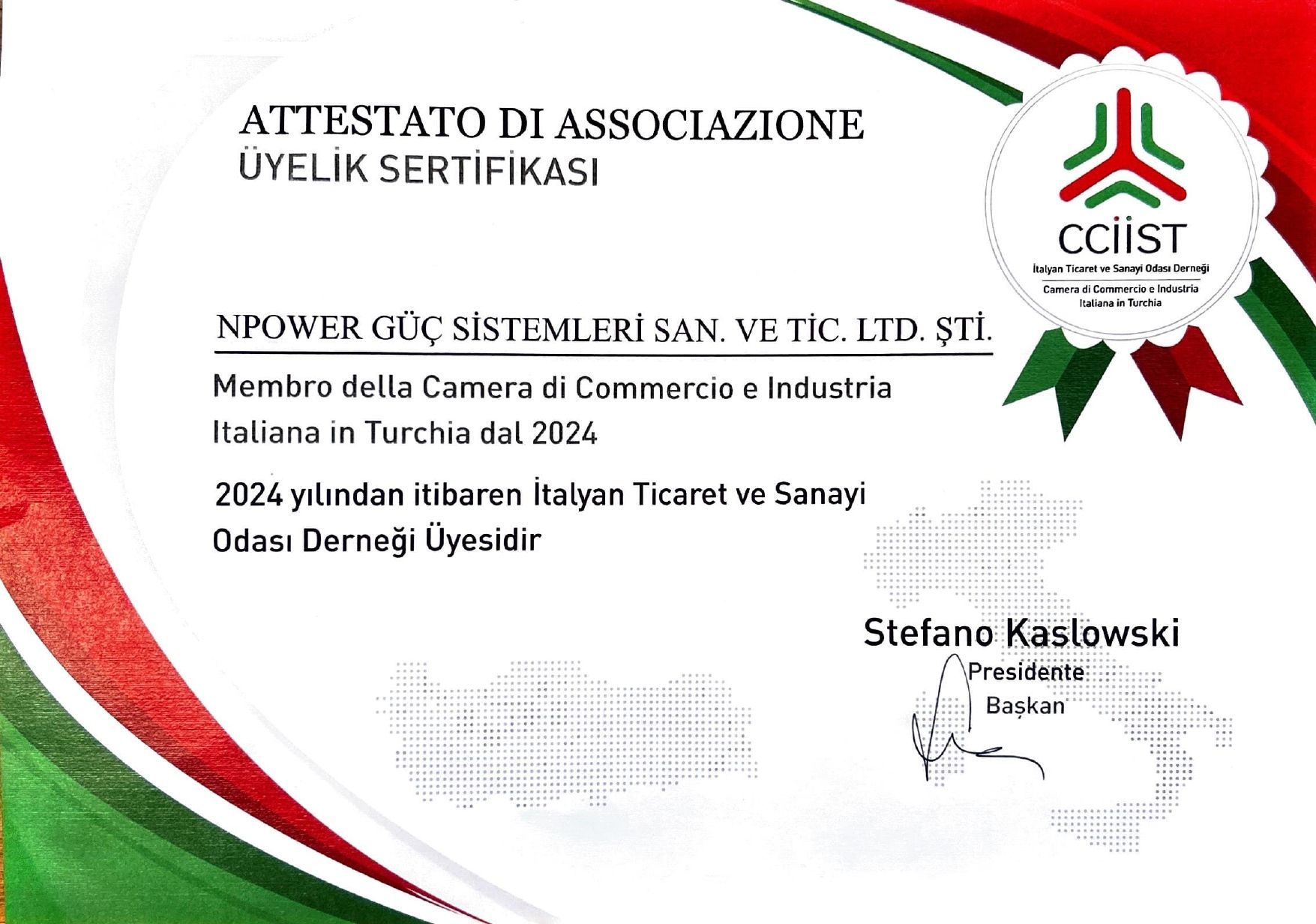 Istanbul Italian Chamber of Commerce Membership Certificate