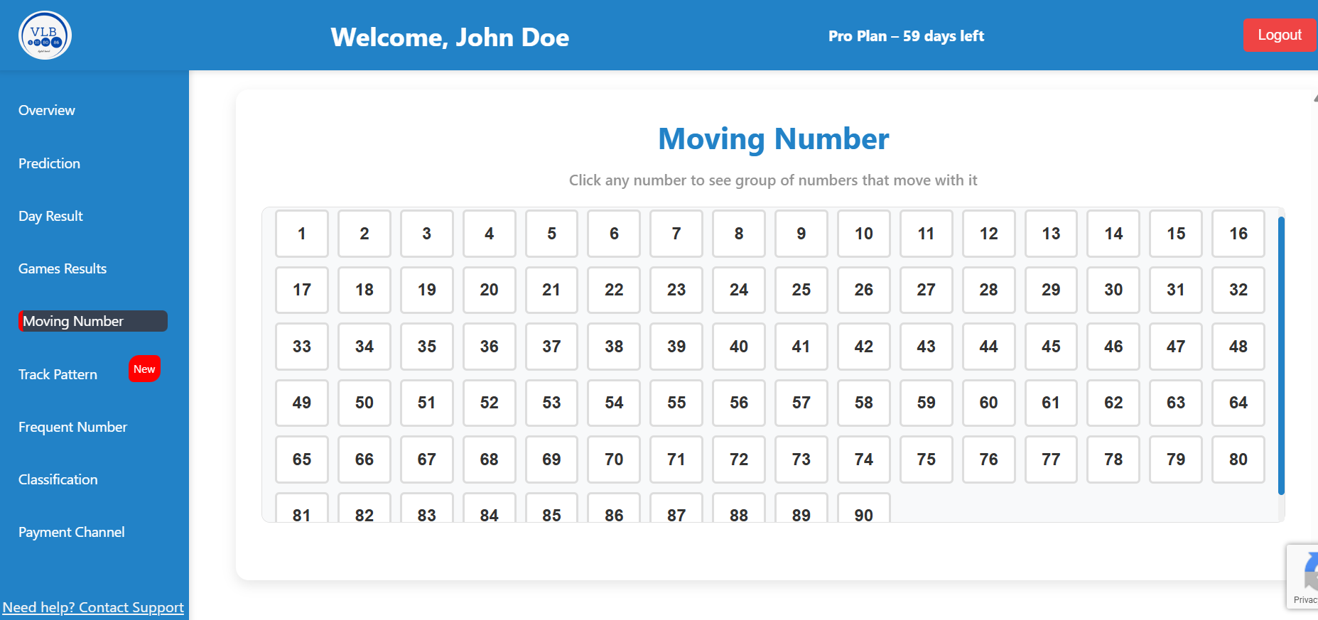 Moving Numbers interface with clickable number grid