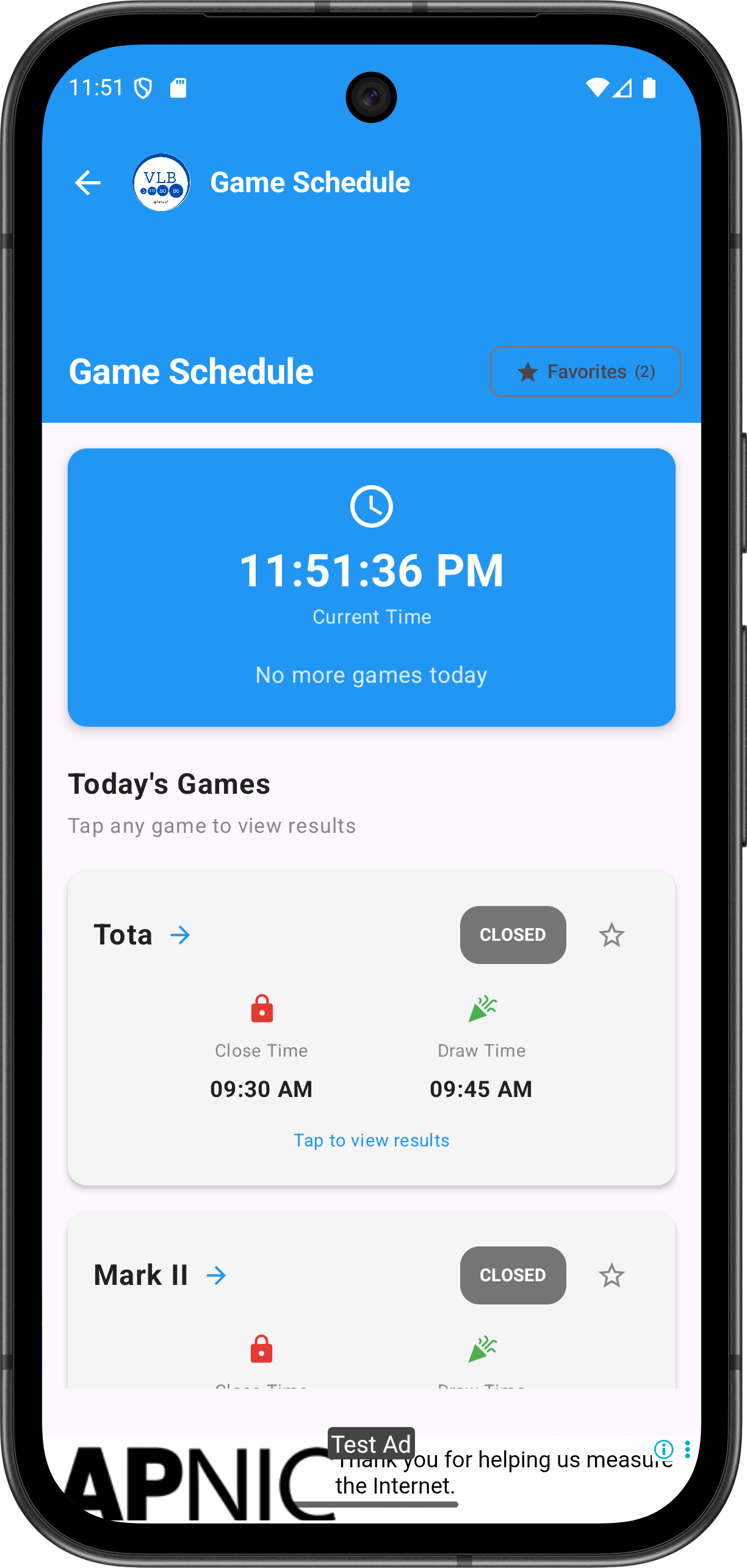 Game schedule showing live countdown timers