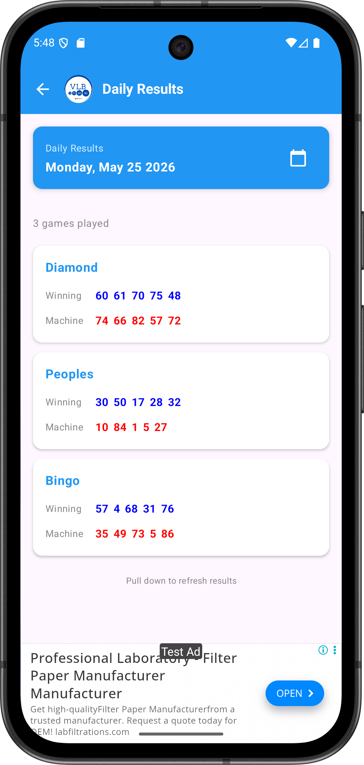 Baba Ijebu Results native app daily result screen
