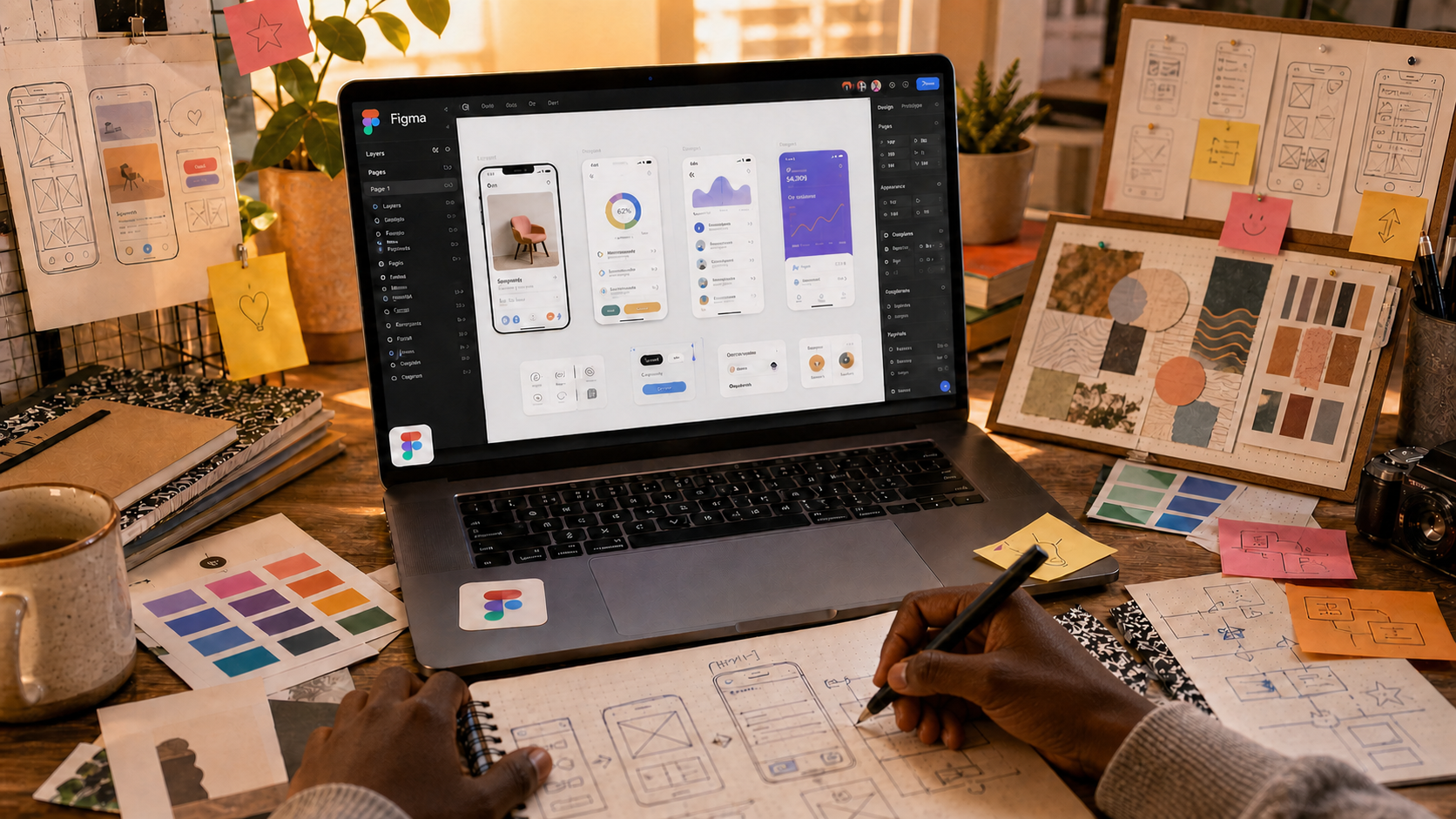 dark-skinned hands sketching mobile interfaces beside a Figma design workspace