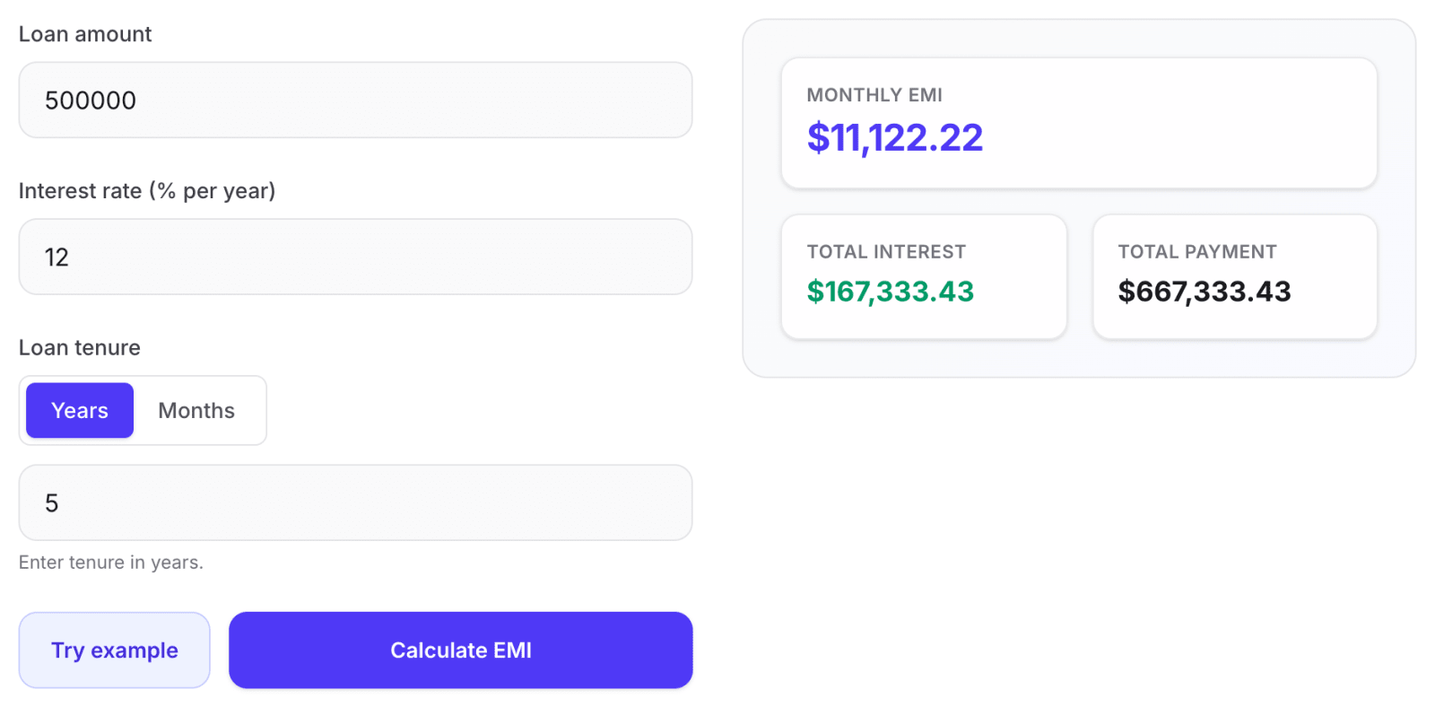 Finaiver Loan EMI Calculator showing a monthly EMI of $11,122.22, total interest of $167,333.43 and total payment of $667,333.43 for a 500,000 loan at 12% over 5 years