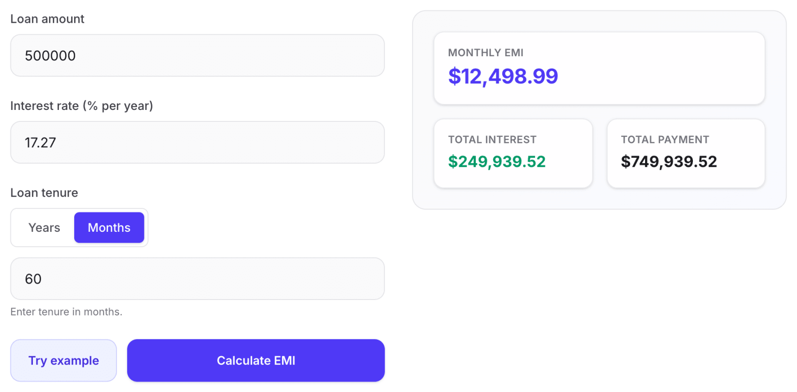 Finaiver Loan EMI Calculator showing a monthly EMI of $12,498.99 and total interest of $249,939.52 for a 500,000 loan at 17.27% over 60 months