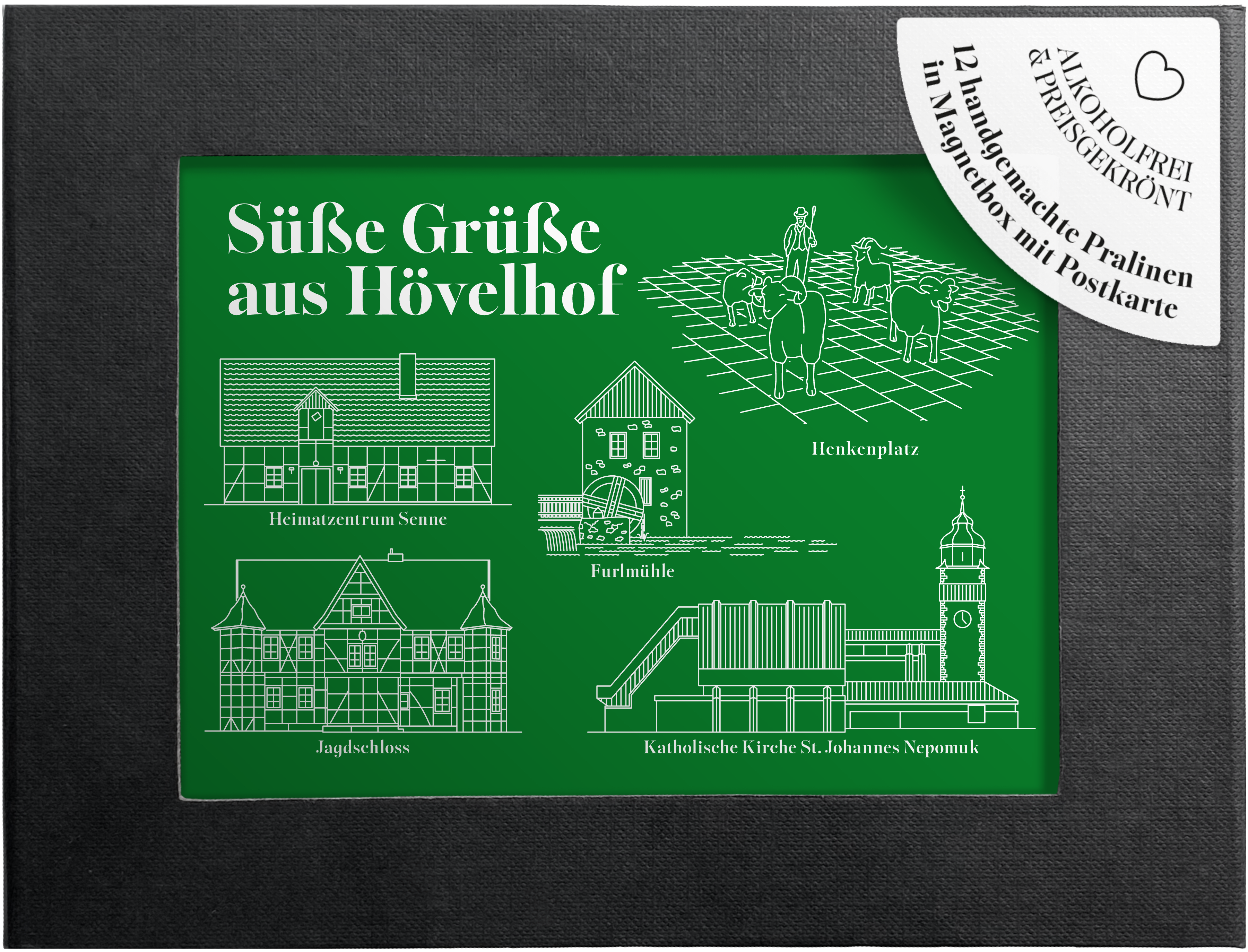 Sweet Greet Hövelhof-Edition: Pralinenbox mit Hövelhof-Postkarte im Sichtfenster