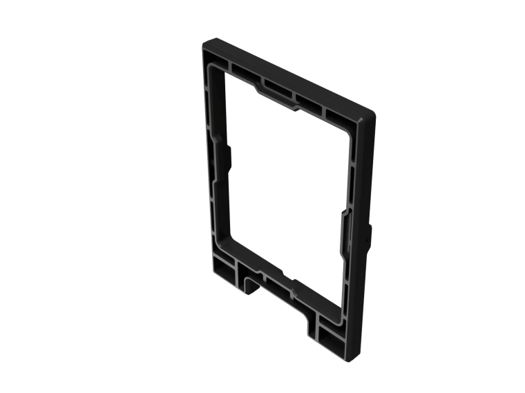 CAD render of a black injection-moulded camera rear-frame bezel