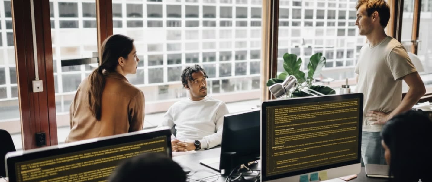 People working together using technology systems inside a modern business environment