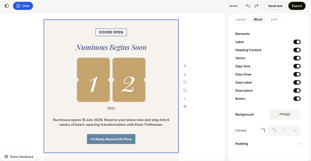The Numinous countdown email, showing a live day counter built inside Flodesk Studio