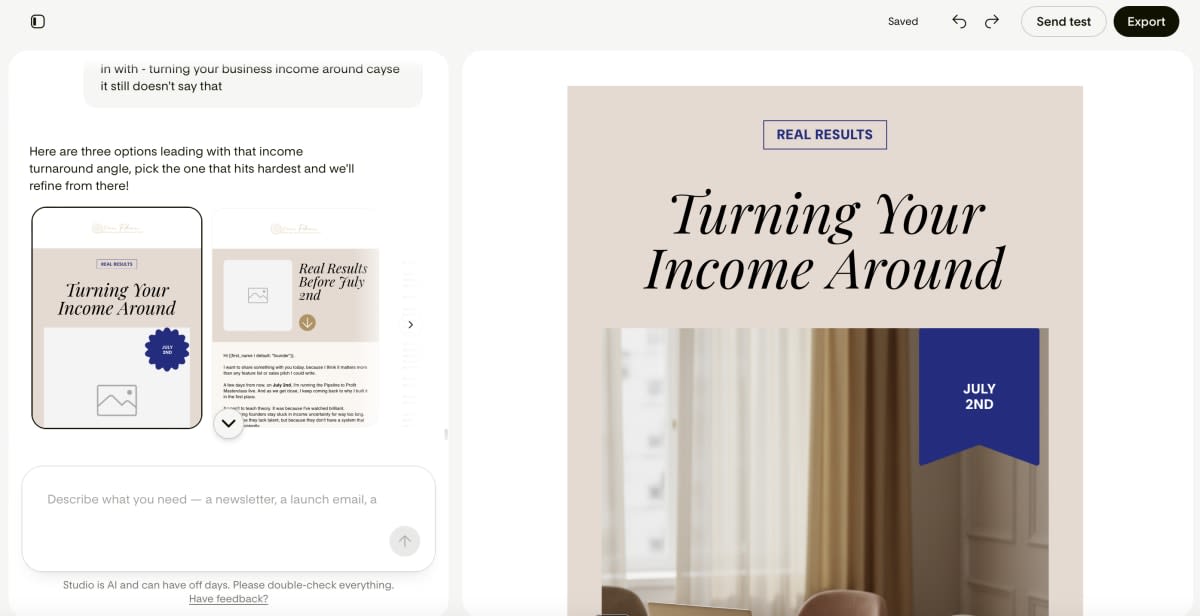 The Pipeline to Profit Masterclass promo email, showing the Real Results headline and July 2nd deadline built inside Flodesk Studio