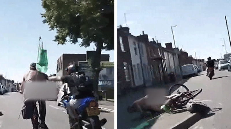 Naked Cyclist Crashes After Shove From Man on Motorcycle, on Video