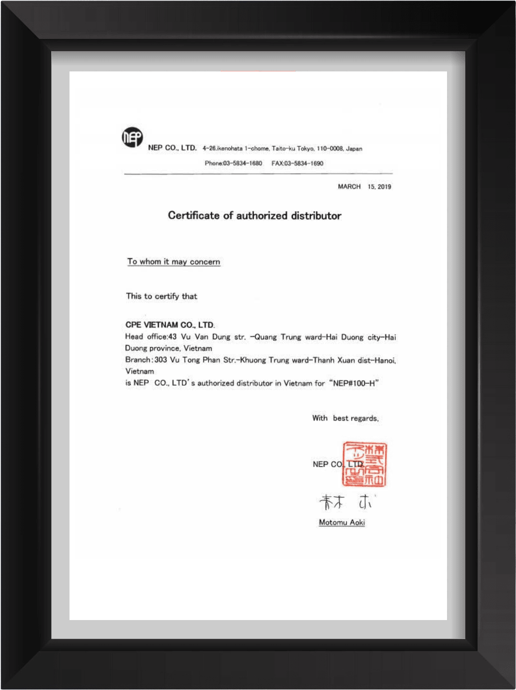 Chứng nhận đại diện ủy quyền của NEP