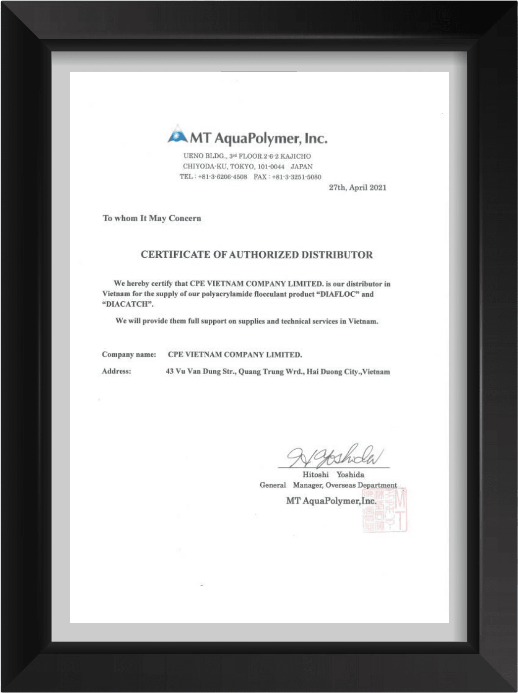 Chứng nhận đại diện ủy quyền của MT AquaPolymer, Inc.