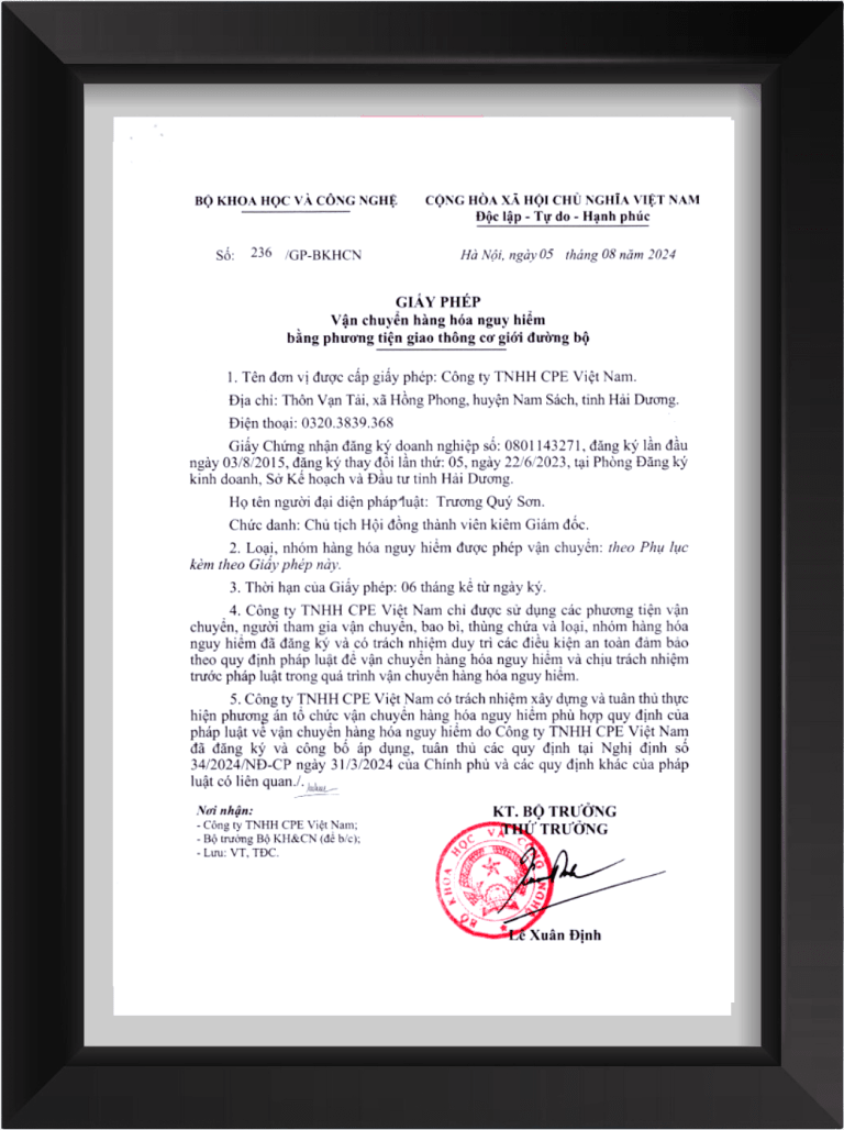 Giấy phép vận chuyển hàng hóa nguy hiểm