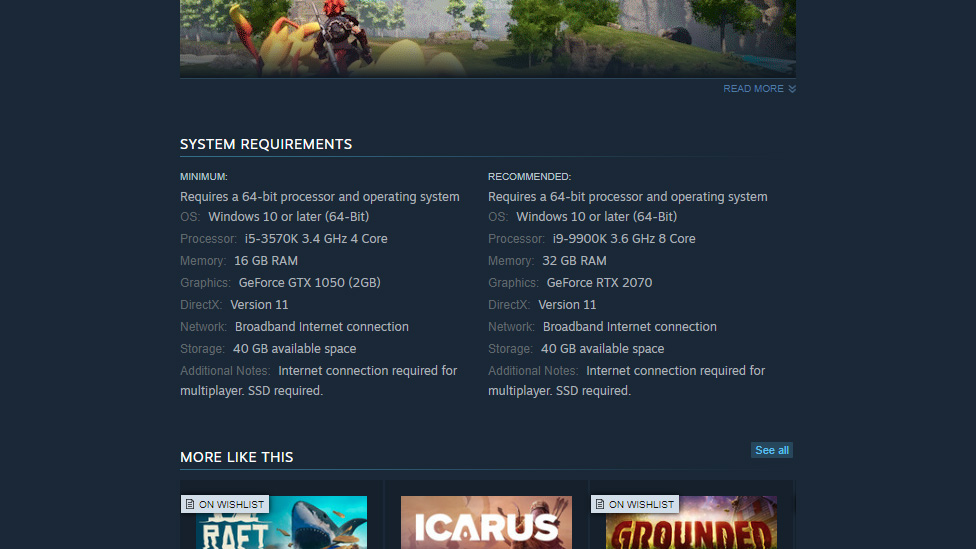 System Requirements on Steam