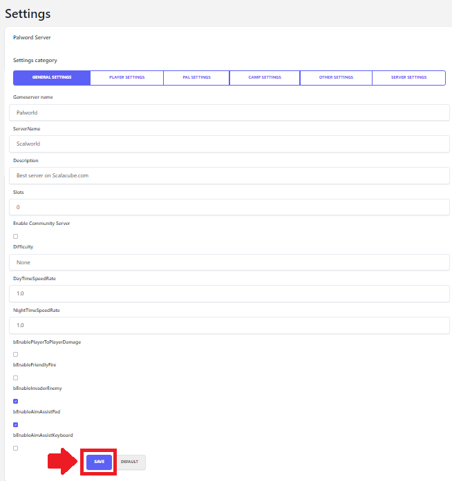 Change Settings and save