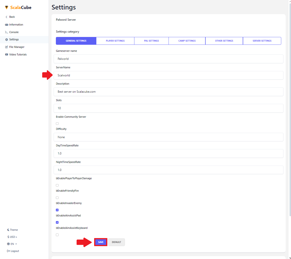 Change Settings and save