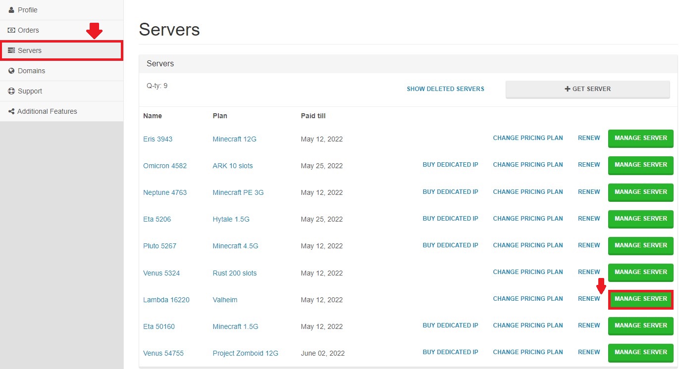 Servers page