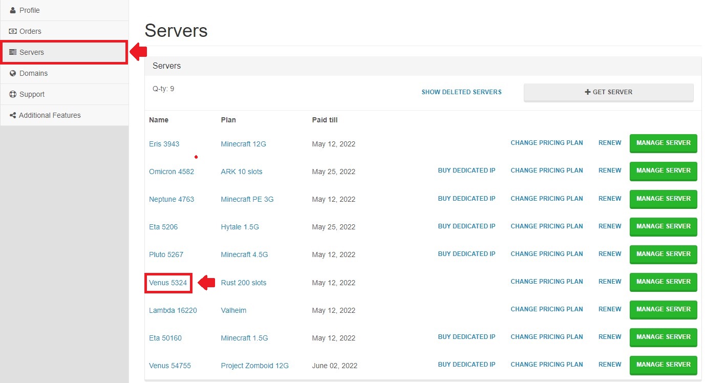 Servers page