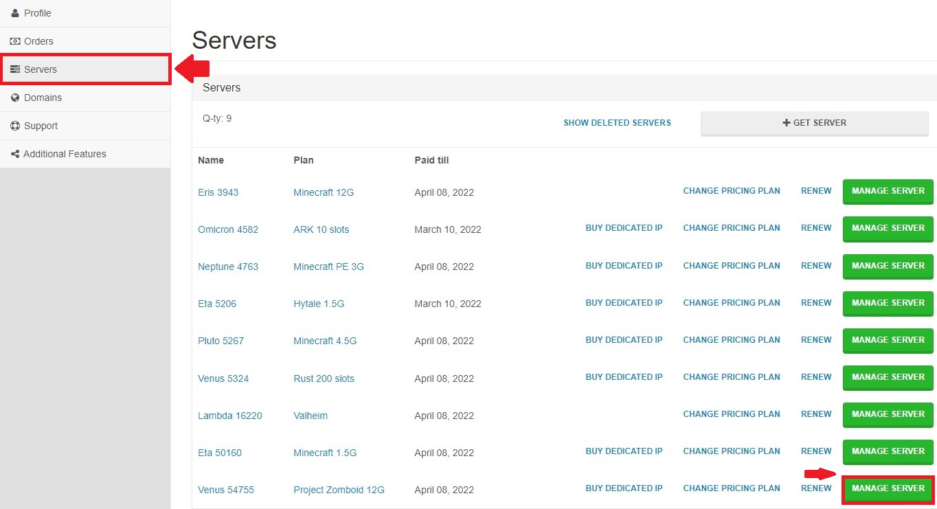 Servers page