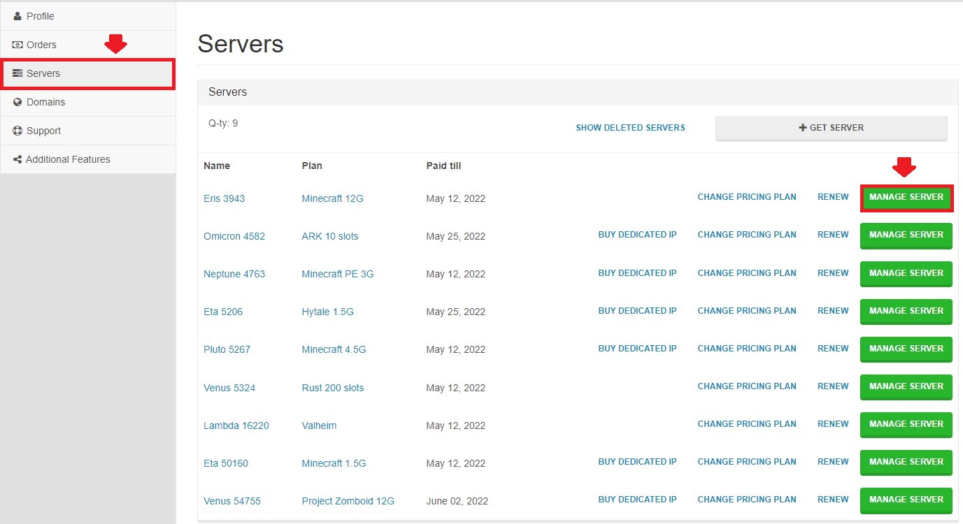 Servers page