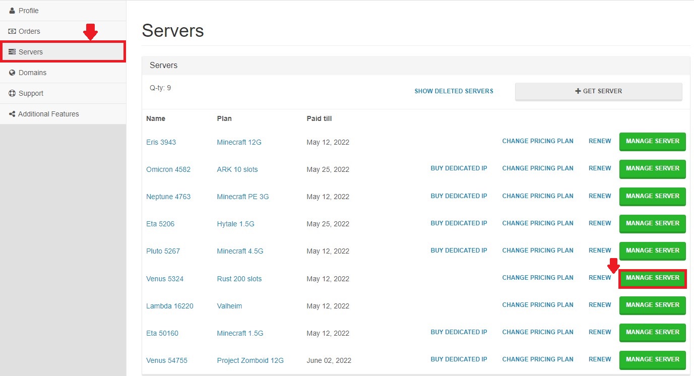 Servers page