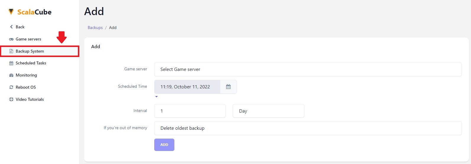 View Backup System page