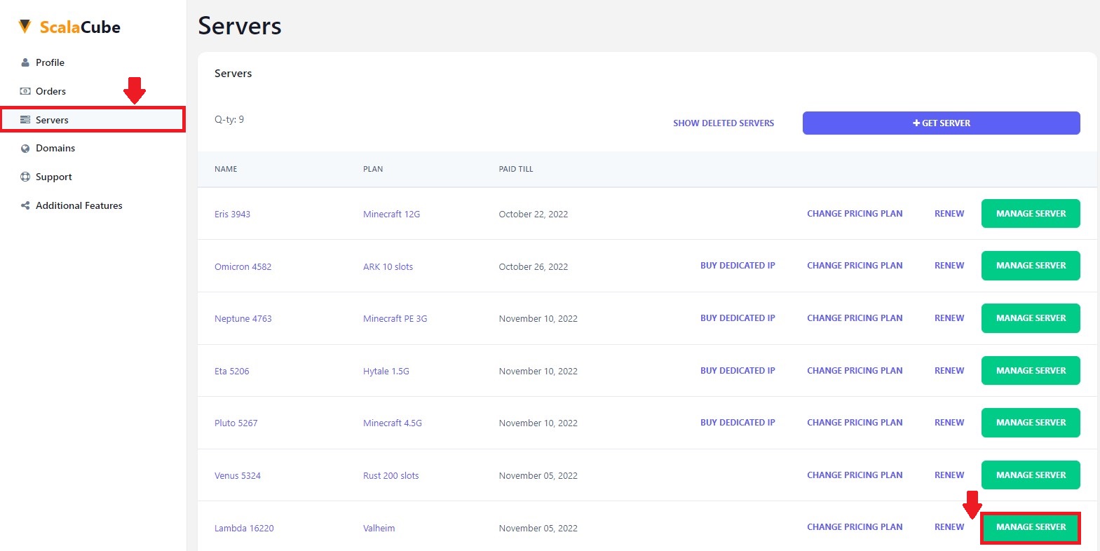 Go to Servers - Manage server