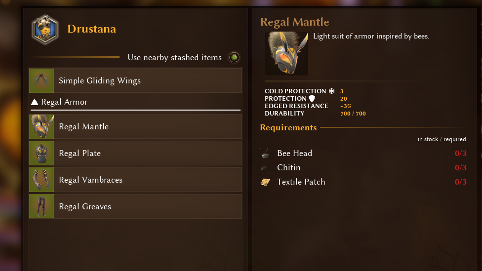  Darustana's Material requirements for Crafting Regal Armor