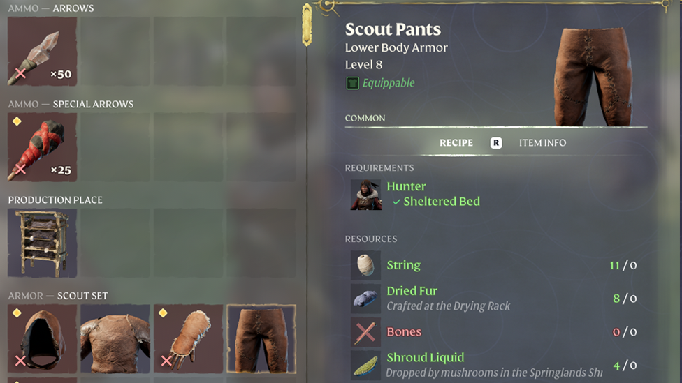  Scout Pants Need Dried Fur in Order to be Crafted