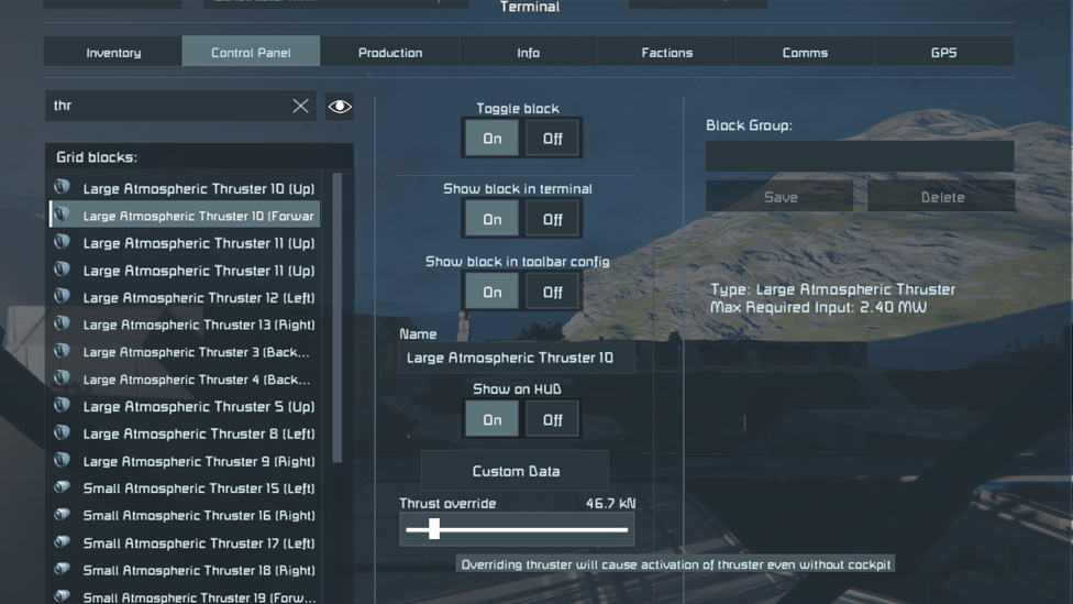  Modifying thrusters in Control Panel
