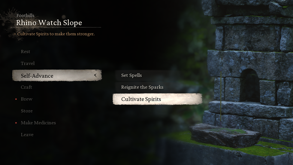  Accessing the Menu to Cultivate Spirits