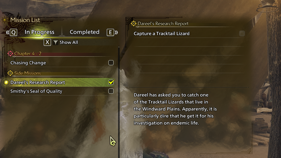Side Mission Log Menu