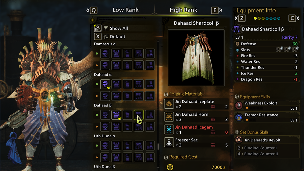 Dahaad Shardcoil Beta Set Needs Freezer Sac for Crafting