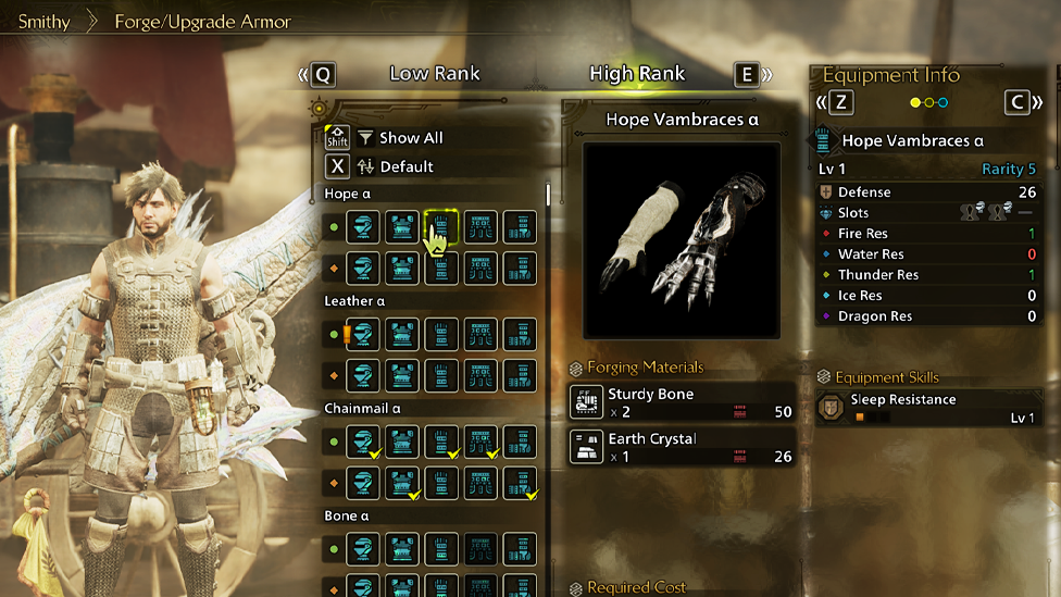 High Rank Hope Armor Set Requires Earth Crystal For Crafting
