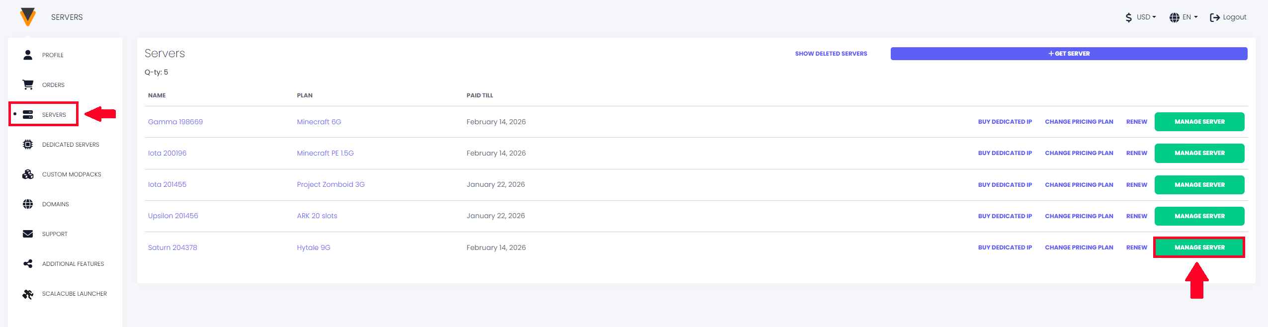 Manage Server Button