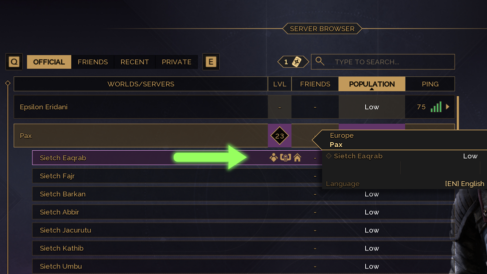Open the Servers Tab and Select Where the Character is