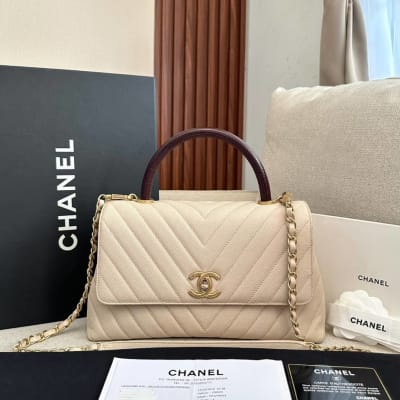 Chanel Coco Handle Medium Chevron Ivory Handle Lizard Ghw 
