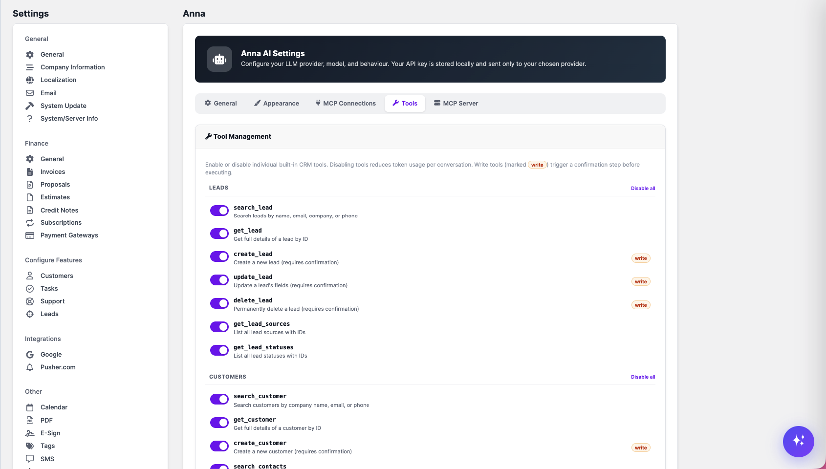 Tools Control — enable or disable individual CRM actions