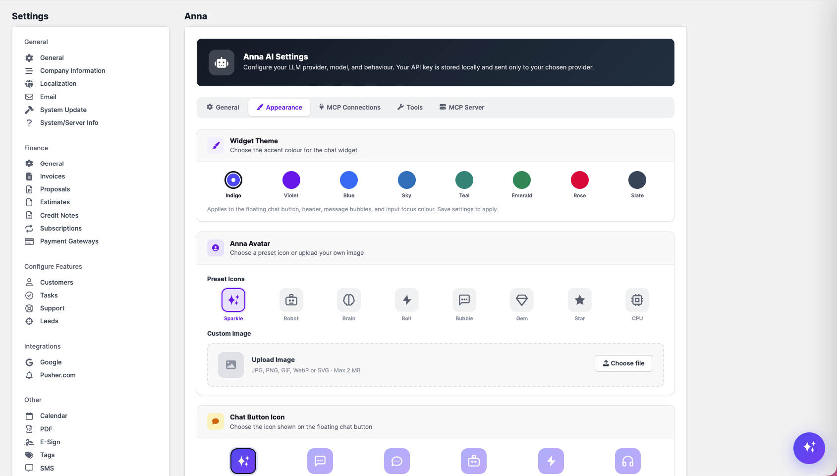 Appearance Settings — themes, avatar picker, and FAB icon selector