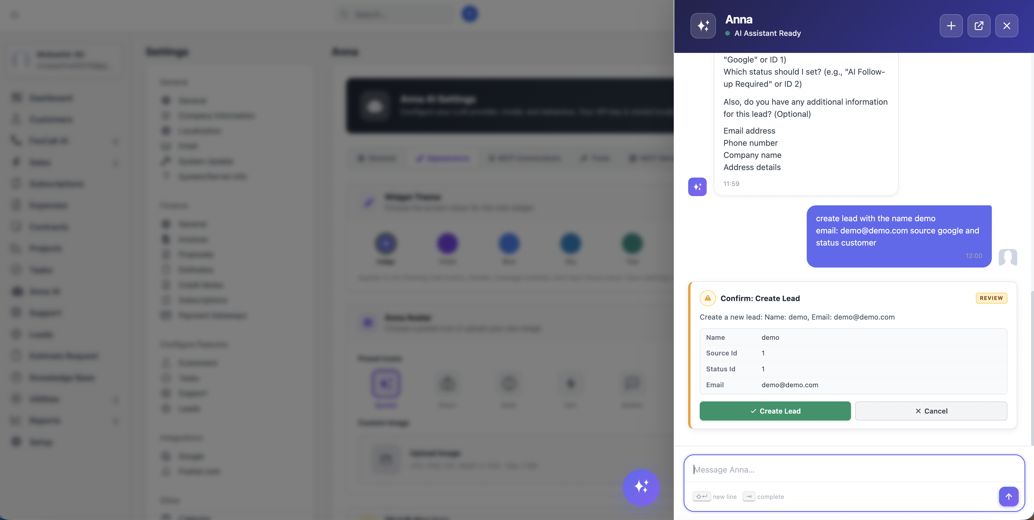 Chat Widget — confirmation request before creating a record