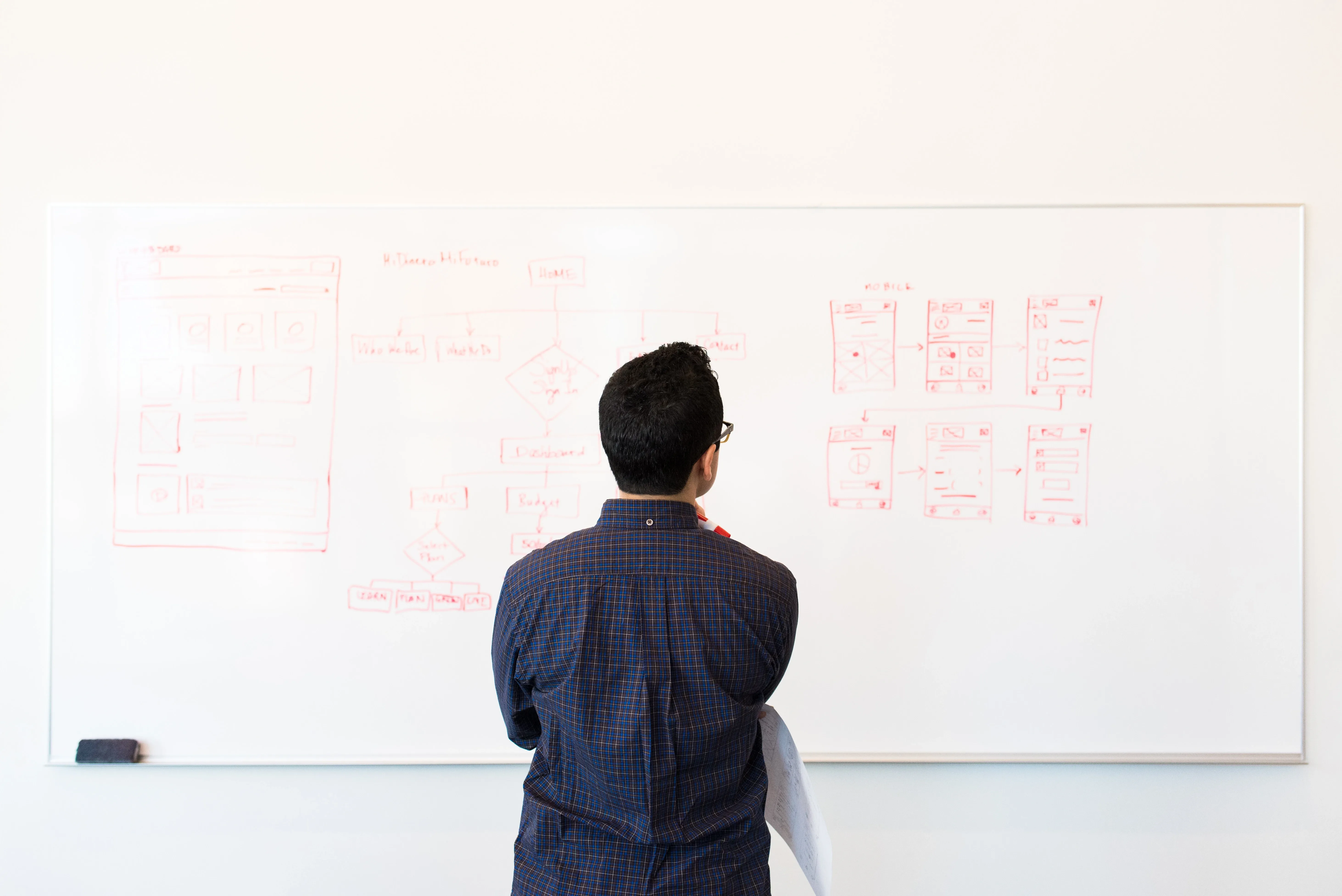  man is thinking while looking at the whiteboard