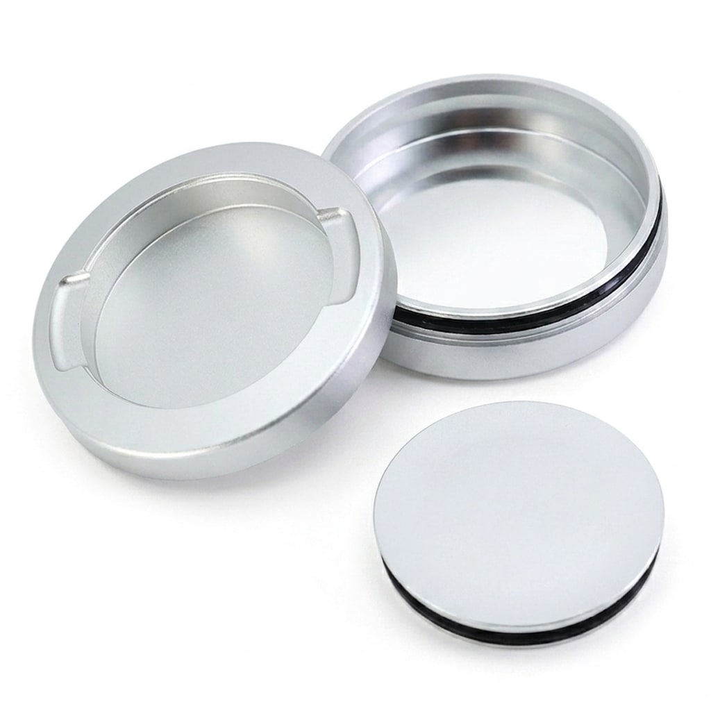 MANKE plastic and aluminum snus cans side by side — white and black PP cans and metallic anodized aluminum cans on a clean surface